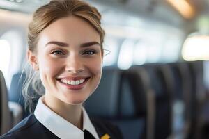 A cheerful flight attendant greets passengers with a warm smile in a modern airplane cabin featuring elegant seating and soft lighting, creating an inviting travel experience photo