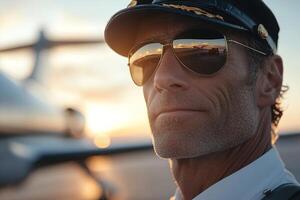 A confident airline pilot in a crisp uniform and aviator sunglasses stands by a jet on the runway, with a vibrant sunset creating a warm glow, capturing the spirit of adventure photo