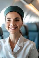A cheerful flight attendant in a stylish uniform warmly greets passengers entering a modern airplane cabin. Rows of seats and soft lighting create an inviting atmosphere for travel photo