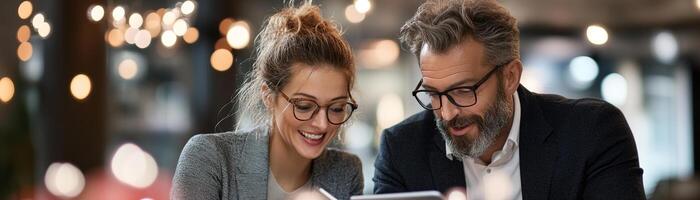 In a collaborative office, a business consultant engages with a client, reviewing graphs on a tablet. The modern decor enhances their strategic discussion, fostering a productive atmosphere photo