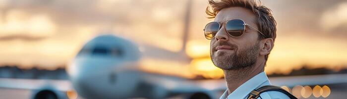 A commercial airline pilot stands confidently in a crisp uniform, wearing aviator sunglasses. The backdrop features a glowing sunset sky and a jet on the runway, highlighting the beauty of aviation photo