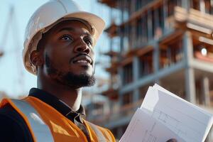 Construction worker stands confidently at a busy site, wearing a hard hat and safety vest. He holds blueprints while cranes and scaffolding create a dynamic backdrop photo