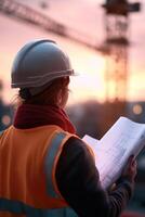 On a bright day, a construction worker stands confidently at the construction site, holding blueprints while towering cranes rise in the softly blurred background, symbolizing progress photo