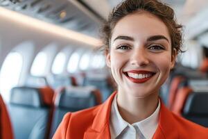 A flight attendant in a stylish uniform warmly greets passengers as they board. The inviting cabin features soft lighting and rows of comfortable seats, creating a pleasant environment for travelers photo