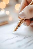 A calligrapher focuses on crafting beautiful letters with a fountain pen on high-quality paper, surrounded by elegant stationery in softly blurred warm lighting photo