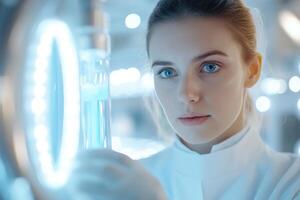 A focused scientist in a white lab coat studies a glowing blue liquid in a test tube, surrounded by advanced lab equipment and softly glowing LED panels in a high-tech environment photo