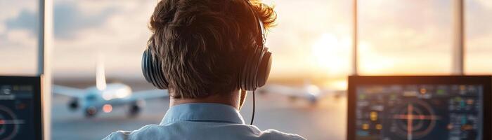Flight controller, wearing a headset, attentively monitors multiple radar screens in a modern control tower while overseeing planes taxiing in the background as the sun sets photo