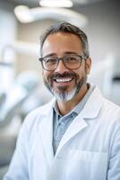 Dentist in white coat smiles warmly while checking patient's teeth with a mirror in a bright, modern dental clinic, ensuring comfort and care during the appointment photo