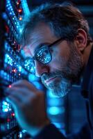 IT technician meticulously adjusts cables on an illuminated server rack while surrounded by advanced network equipment, showcasing expertise in technical operations during evening hours photo