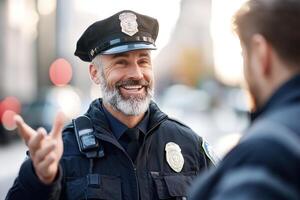 A friendly police officer in uniform gestures and engages with a civilian on a busy urban street. The setting features blurred buildings and traffic, highlighting community policing photo