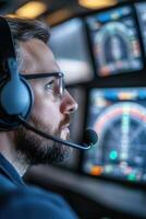 Close attention is given by the flight controller as he operates radar screens in a modern air traffic control tower while coordinating the movement of aircraft photo