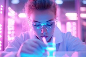 A scientist in a white lab coat intently studies a glowing blue liquid in a test tube, surrounded by advanced lab equipment and softly glowing LED panels, showcasing innovation in research photo