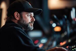 In a dimly lit recording studio, a sound engineer meticulously adjusts levels on a professional mixing console, surrounded by microphones and soundproofed walls, embodying technical expertise photo