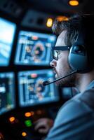 A flight controller wearing a headset oversees multiple radar screens in a modern air traffic control tower photo