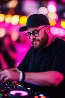 A DJ skillfully mixes tracks on a turntable, surrounded by soft neon lights. The cheering crowd creates an energetic atmosphere, enhancing the exciting event vibe photo