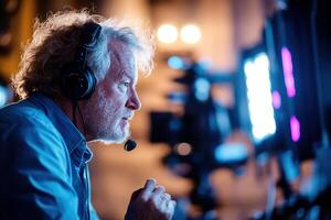 A film director actively communicates with the crew on set while holding a clapperboard. The background features bright studio lights and a camera rig, highlighting the creative atmosphere photo