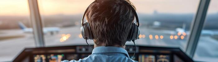 Focused flight controller wearing a headset monitors multiple radar screens in a high-tech air traffic control tower as planes taxi outside the panoramic windows during daytime operations photo