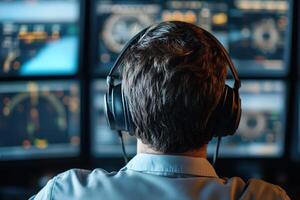 Flight controller wears a headset while closely monitoring multiple radar screens in a modern air traffic control tower. Planes can be seen taxiing through the panoramic windows photo