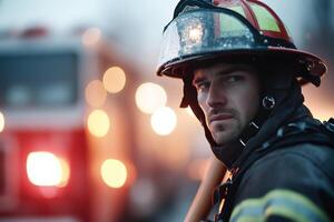 A dedicated firefighter stands confidently, gripping a rescue axe, in front of a fire truck. The atmosphere is smoky, with emergency lights glimmering softly in the background photo