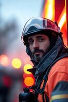A firefighter stands confidently in full protective gear next to a bright red fire truck. In the background, emergency lights flash while smoke billows in the distance photo