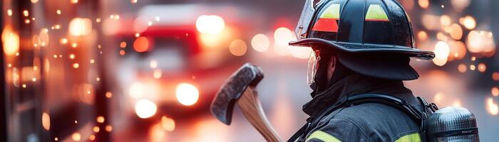 Firefighter stands confidently in full gear, gripping a rescue axe as smoke lingers in the air. Emergency lights illuminate the scene, highlighting the urgency of the moment photo