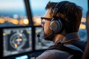 A flight controller wearing a headset monitors multiple radar screens in a high-tech air traffic control tower. The panoramic windows reveal planes taxiing in the background photo