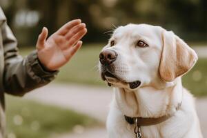 In a lush green park, a dedicated dog trainer in a casual jacket communicates with a Labrador using hand signals. The mood is friendly, showcasing effective training photo