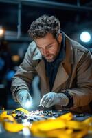 A detective in a trench coat and gloves carefully analyzes evidence with a flashlight in a dimly lit room, surrounded by yellow crime scene tape and a forensic team at work photo