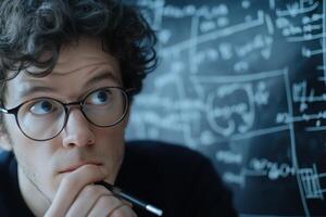 Intense focus is evident as a mathematician in glasses writes intricate formulas on a large chalkboard. The university backdrop enhances the academic atmosphere photo