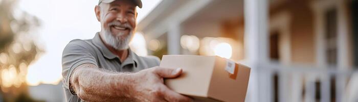A cheerful delivery person in uniform hands a package to a satisfied customer at their doorstep in a suburban setting during a sunny evening. The atmosphere is friendly and efficient photo