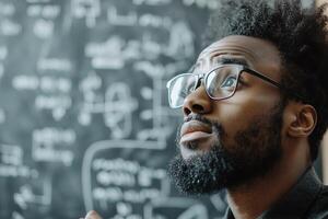 A mathematician, wearing glasses, is focused intently on writing complicated formulas on a large chalkboard in a university setting, surrounded by equations photo