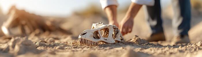 In a sunlit desert, a paleontologist examines a large dinosaur skull partially buried in the sand while surrounded by excavation tools and fossils, revealing a historic dig site photo