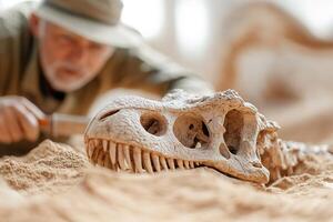 In a desert setting, a paleontologist carefully examines a large dinosaur skull, partially buried in sand, amidst excavation tools, highlighting the importance of prehistoric research photo