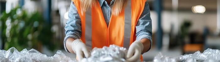 A worker in a safety vest actively sorts recyclable materials at a recycling center. The task involves separating items into labeled bins while promoting sustainability and environmental care photo