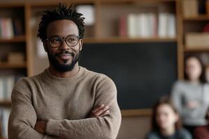 Enthusiastic teacher stands confidently in front of attentive students, fostering a nurturing learning environment with bookshelves and a blackboard in the background photo