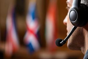 Interpreter wearing a headset speaks into a microphone in a conference room filled with business professionals and international flags, emphasizing quality multilingual communication photo