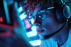 A professional esports gamer, fully immersed in gameplay, grips a controller while wearing a headset. LED lights illuminate the surroundings, enhancing the atmosphere of competition photo