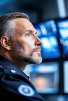 Security guard in a sleek uniform actively oversees surveillance screens in a modern control room with advanced security equipment. The environment emphasizes authority and vigilance photo