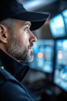 In a modern control room, a professional security guard in a sleek uniform focuses on surveillance screens photo