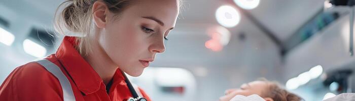 A paramedic in a red uniform intently monitors a patient's vital signs inside a moving ambulance, illuminated by flashing emergency lights, embodying urgency and lifesaving efforts photo