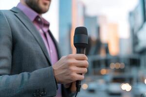 In a bustling urban environment, a news reporter in a stylish suit speaks assertively into a microphone, capturing the attention of viewers. The city skyline is softly blurred behind him photo