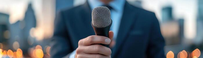 Standing in front of a camera, a news reporter in a stylish suit speaks confidently into a microphone. The blurred city skyline and traffic create a dynamic evening atmosphere photo