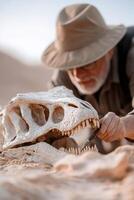In a vast desert, a paleontologist examines a partially buried dinosaur skull, surrounded by excavation tools, showcasing the excitement of fossil discovery photo