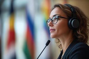 In a conference room, a skilled interpreter wearing a headset speaks into a microphone as business professionals gather around. The softly blurred background displays various international flags photo