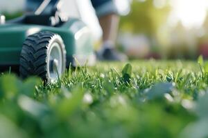 Lush greenery provides a refreshing backdrop as a skilled landscaper confidently trims the grass using a high-powered lawn mower in a well-maintained garden photo