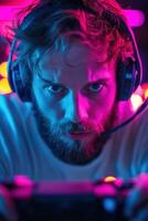 A dedicated esports gamer concentrates on a glowing screen while gripping a controller. Surrounding LED lights create an immersive atmosphere, enhancing the competitive experience photo
