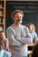 An enthusiastic teacher stands confidently at the front of a well-lit classroom, connecting with students. The atmosphere is inviting, filled with books and natural light photo