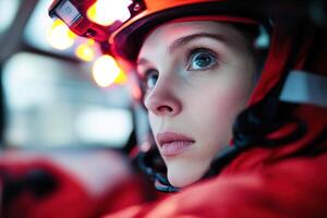 In an ambulance, a paramedic in a red uniform intently checks a patient's vitals, illuminated by flashing emergency lights. The blurred background conveys urgency and action photo