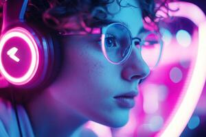 A professional esports gamer, wearing a headset, focuses intently on the glowing screen while gripping a controller. The background features LED-lit gaming gear, creating a high-energy atmosphere photo