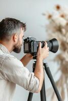A professional photographer is preparing for a portrait session by adjusting a DSLR camera mounted on a tripod photo